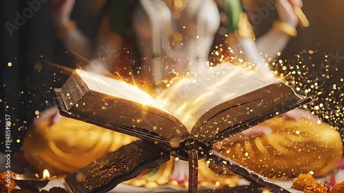 Wallpaper Mural An ancient book emits magical sparks with mystical symbols and a person in a blurry background sitting cross-legged on a decorative surface. Torontodigital.ca