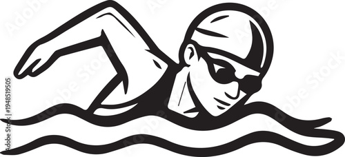 Swimmer freestyle stroke black and white line art icon isolated on white background