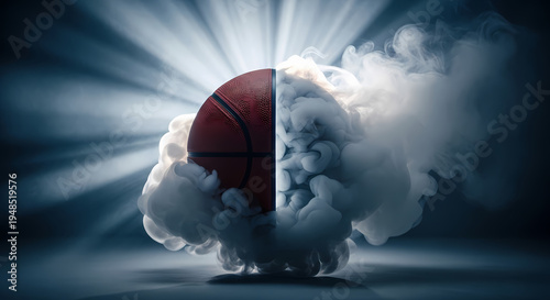 Cinematic shot of a basketball emerging from swirling white smoke, illuminated by dramatic light rays from behind. 
