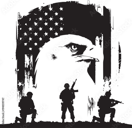  Bald Eagle Soldiers American Flag Distressed Patriotic Military Emblem Design