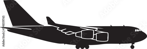 Military Cargo Airplane Silhouette Icon Isolated on White Background