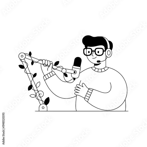 podcast producer adjusting boom arm microphone in line art illustration or line art vector podcast setup with adjustable microphone boom and headset