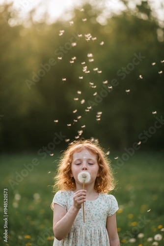 Young girl blowing dandelion seeds in a sunny meadow during summer  