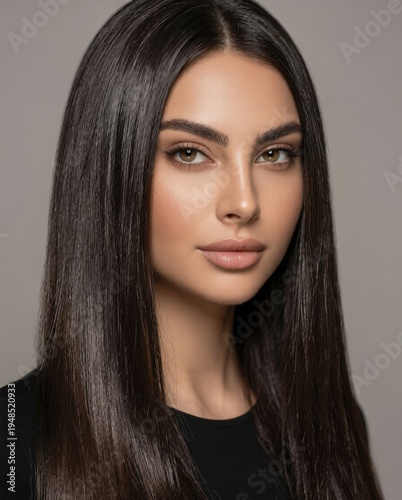 Portrait of a young woman with perfectly straight dark hair
