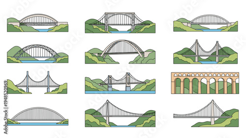 Collection of various bridge designs including arch suspension and truss bridges set in natural green mountain and river landscapes.