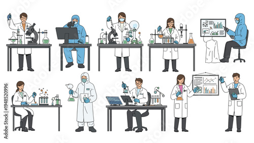 Group of scientists in white coats and protective gear conducting research with microscopes test tubes and charts in a modern lab.