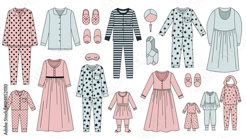 Collection of different pajamas nightgowns and sleepwear for adults and children in pink blue and striped patterns on white.