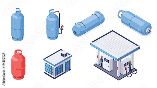 Isometric view of various propane gas cylinders a large storage tank and a small station building with fuel pumps on white.