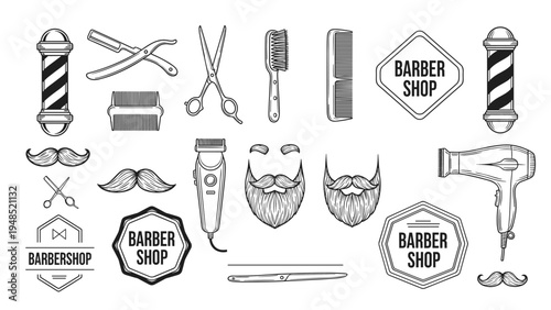 Collection of vintage barbershop emblems and tools including scissors combs razors clippers beard and mustache silhouettes.