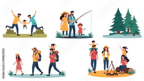 Families enjoying outdoor activities like hiking through forest trails fishing at a river and sitting by a campfire at night.