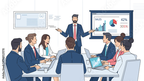 Business presentation with a professional speaker gesturing toward a screen with sales charts and data to an attentive audience.