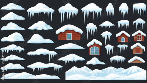 Collection of different snow caps drifts and icicles on rooftops windows and mountain landscapes for winter design elements.