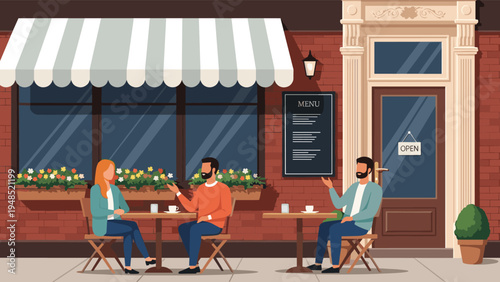 People enjoying coffee and conversation at small tables outside a charming red brick cafe with a white and green striped awning.