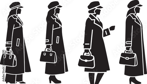 A set of four black silhouette illustrations showing women wearing trench coats and stylish hats