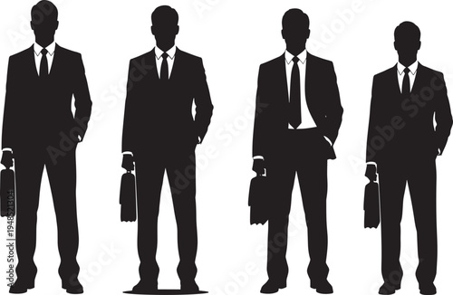 A series of four professional businessmen silhouettes standing together and holding briefcases