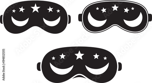 A collection of three black sleep mask icons featuring moon and star patterns on white background