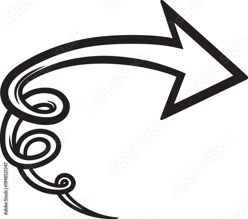 A hand drawn black and white vector illustration of a swirling arrow pointing to the upper right