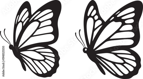 Two symmetric butterfly wing silhouettes illustrated with a clean black and white line design