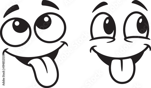 Two cartoon face illustrations featuring wide eyes looking upward and tongues sticking out playfully