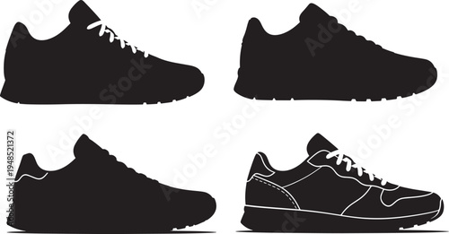 A collection of four distinct black sneaker silhouettes isolated on a plain white background design