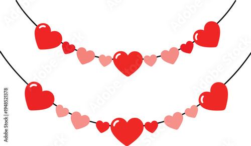 Two decorative strings of various red and pink heart shapes for romantic holiday celebrations