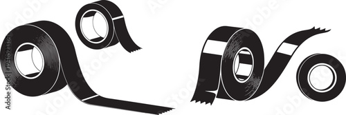 A collection of black adhesive tape rolls shown in various positions against a plain white background