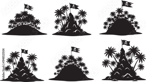 A collection of six black and white silhouettes featuring tropical islands with pirate skull flags