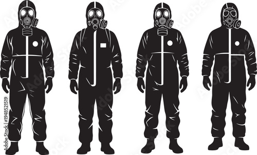 A collection of four silhouettes showing people wearing protective hazmat suits and gas masks