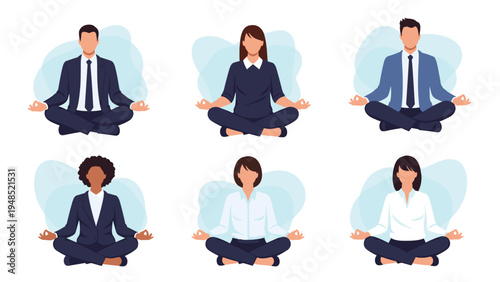 Diverse group of professional business people in suits practicing meditation in lotus poses for stress relief and wellness.
