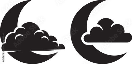 Two distinct black and white minimalist vector icons of a crescent moon partially hidden by clouds