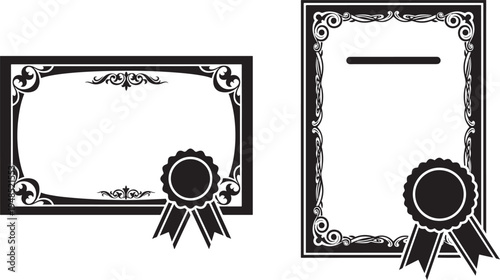 Black and white vector illustrations of two ornate certificate templates with ribbon seal medals