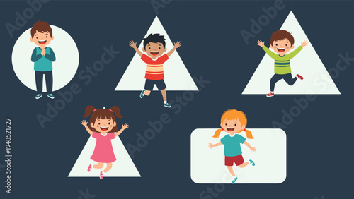 Happy children playing with basic geometric shapes including circle triangle and rectangle for early childhood education and learning.