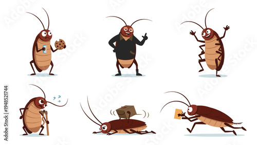 Funny cartoon cockroaches in various humorous poses and activities including eating cookies using a cane and carrying heavy boxes.