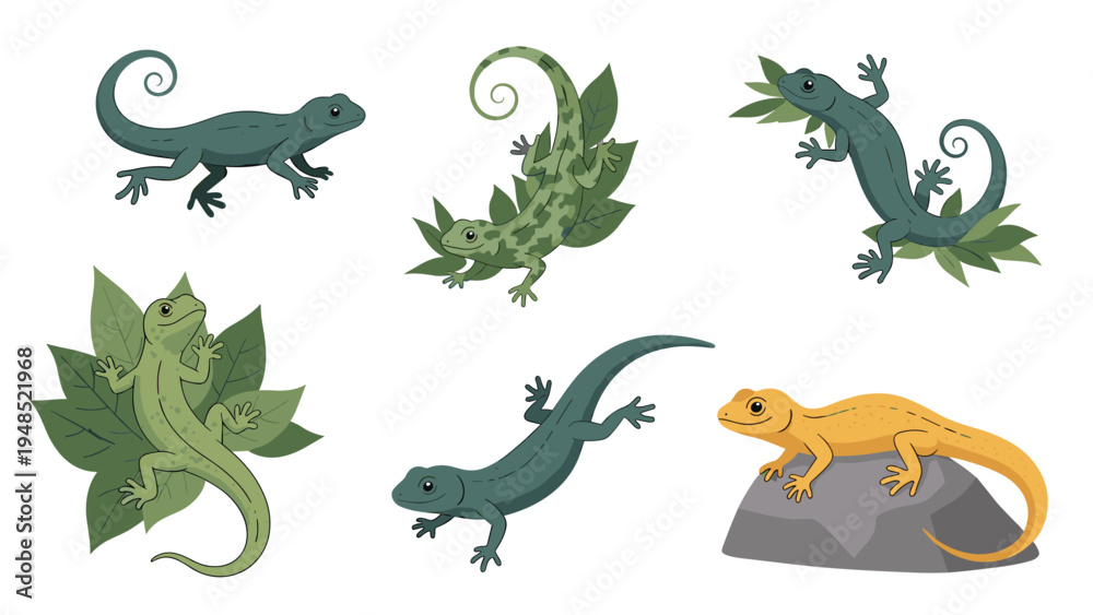 Fototapeta premium Various species of lizards illustrated in natural settings including green and brown geckos and anoles on leaves and rocks in nature.