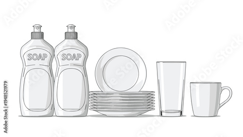 Essential dishwashing supplies including liquid soap bottles stacked ceramic plates clear drinking glass and white coffee mug on counter.