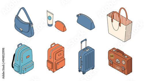 Isometric set of various travel bags and luggage including suitcases backpacks handbags and toiletry cases for trip planning concepts.