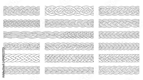 Seamless celtic knots and braided border designs in black and white line art style for traditional decorative frame and corner patterns.