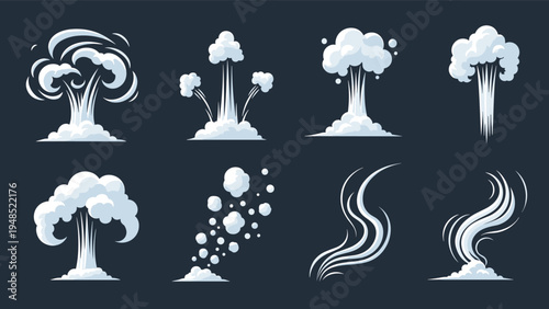 Collection of cartoon smoke and steam effects featuring various puffs clouds and rising vapor designs for animation or game graphics.