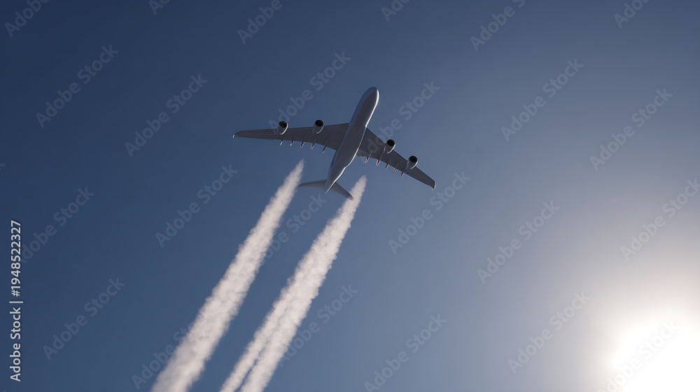 Fototapeta premium Large passenger plane soars across a vibrant blue sky, leaving prominent white contrails; a sun flare adds brilliance to this travel scene