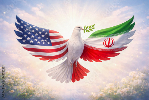 Peace Concept Between USA and Iran: White Dove with Olive Branch and Wings Patterned with American and Iranian Flags. Symbol of Diplomacy and Hope