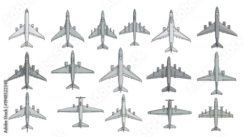 Large collection of airplane silhouettes from top view including commercial airliners private jets and turboprop planes for travel icons.
