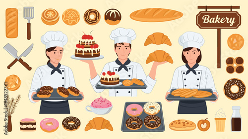 Professional bakers and pastry chefs presenting a variety of fresh bread cakes donuts and croissants in a bakery setting illustration.
