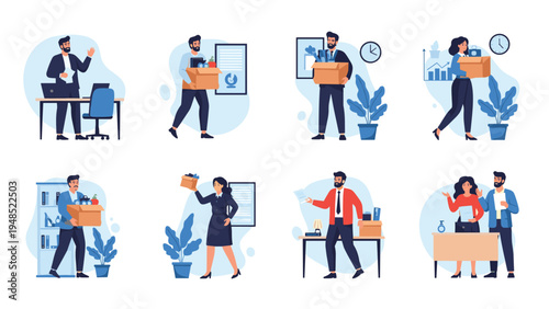 Human resources concepts including hiring firing and resignation scenes with employees carrying boxes of personal items in an office.