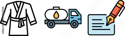 Flat vector illustration of bathrobe garment, oil tanker truck transport, fountain pen signing document, logistics, stationery, business contract, fashion, lifestyle