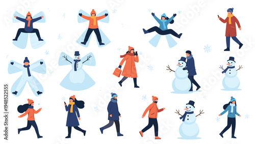 People enjoying winter outdoor activities including making snow angels building snowmen and walking in snowy weather with warm clothing.
