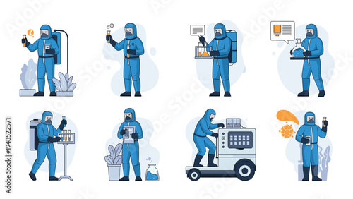 Workers in blue hazmat suits performing various tasks including spraying disinfectant collecting samples and using laboratory machinery.
