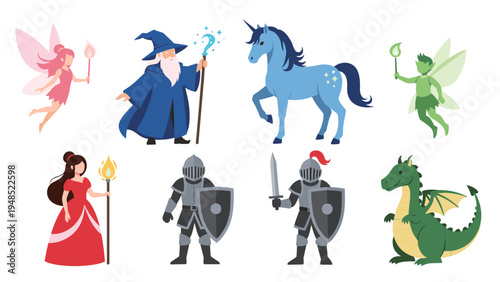 Fantasy character collection featuring a fairy wizard unicorn knight princess and dragon for magical story and fairy tale concepts.