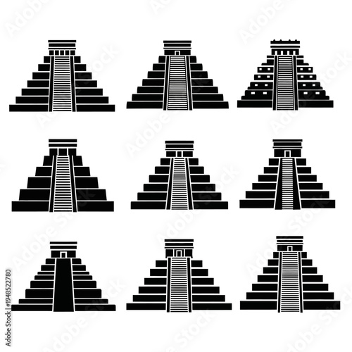 Ancient Pyramid Icons: Mayan, Aztec, Chichen Itza Temple Collection