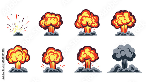 Dynamic fire and smoke explosion sequence showing various stages of a blast from initial flash to large mushroom cloud smoke.
