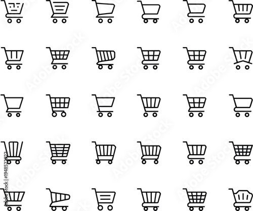 Shopping cart icons set, e-commerce trolley symbols, online store basket design, retail purchase cart, supermarket trolley, checkout basket, digital shop illustration